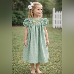 Rosalina Collections Smocked Dress Green Gingham Duck Embroidery Girls 5Y